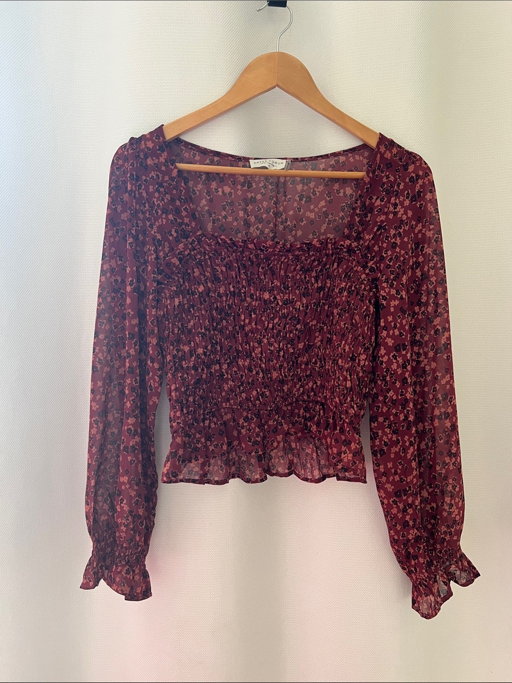 Dress Forum Burgundy Floral Smocked Square-Neck Blouse